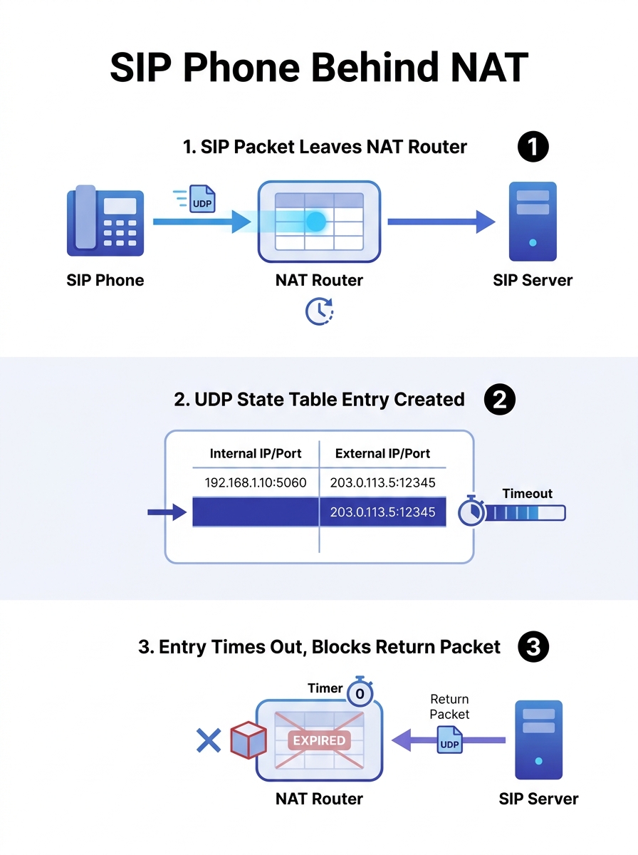 Diagram showing a SIP phone behind a NAT router, with arrows illustrating how UDP state table entries are created when packets go out and expire after a timeout period, blocking return packets from th