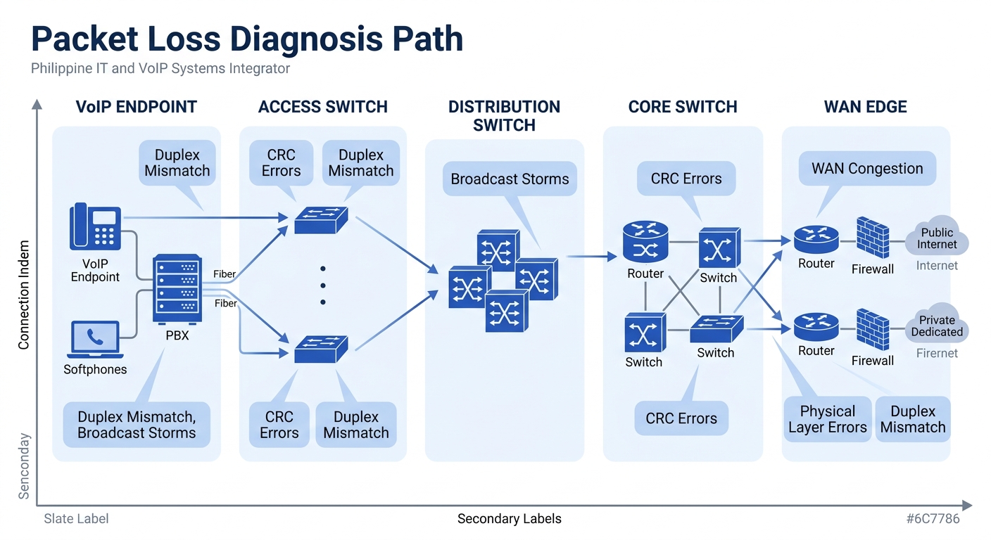 Diagram showing the packet loss diagnosis path from VoIP endpoint to access switch to distribution switch to core to WAN edge, with annotation showing where CRC errors, duplex mismatches, and broadcas