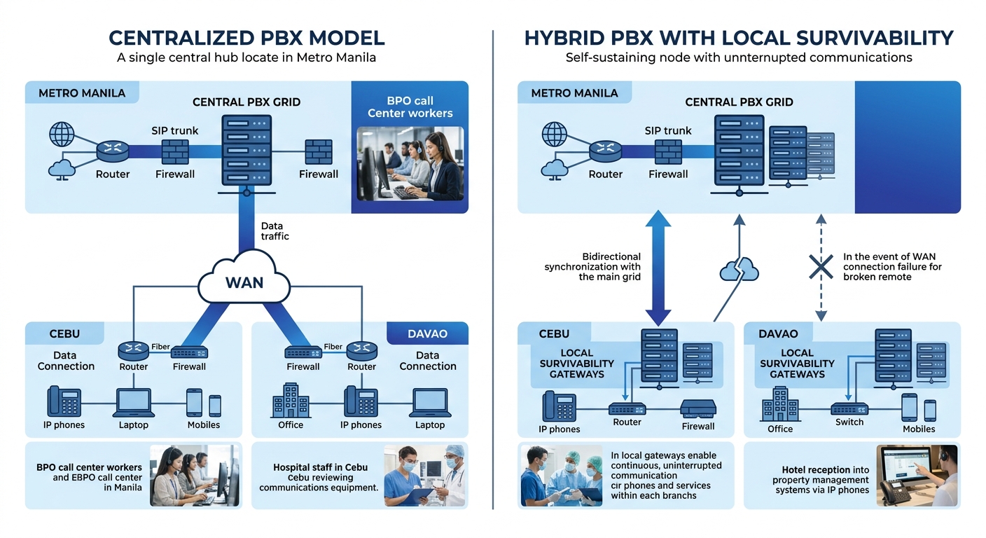 split diagram showing centralized PBX model with all branches connecting over WAN to Manila versus hybrid model with local survivability gateways at each Philippine branch site, with icons for Metro M