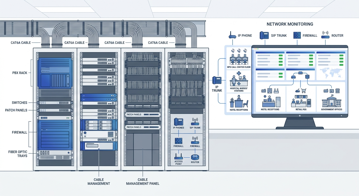 A clean, well-organized server room in a modern Philippine BPO facility showing labeled Cat6A cables neatly routed through cable management panels, with a network monitoring screen in the background d