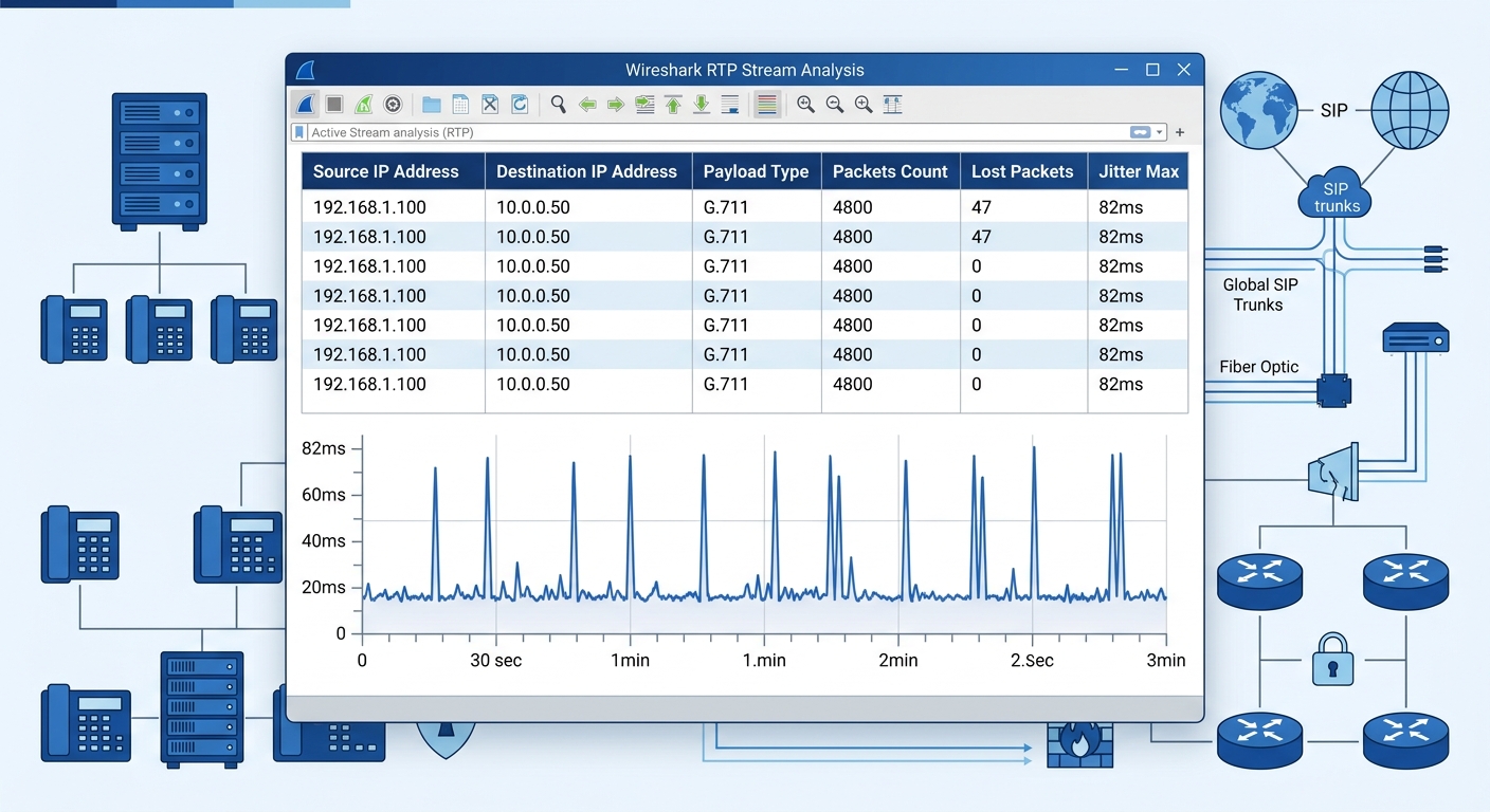 screenshot-style illustration of Wireshark RTP stream analysis panel showing columns for source IP, destination IP, payload type G.711, packets count 4800, lost packets 47, jitter max 82ms, with a jit