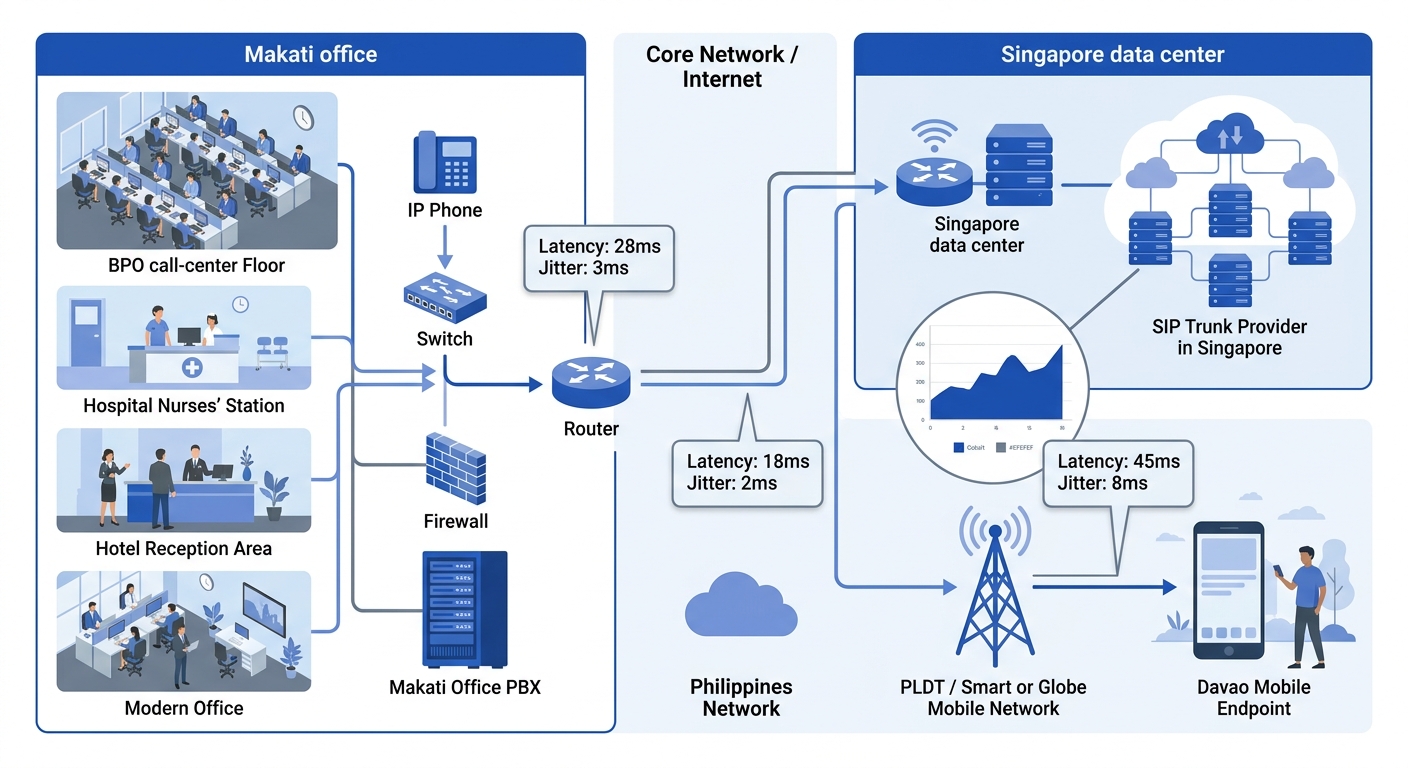 network diagram showing a VoIP call path from a Makati office through a SIP trunk provider in Singapore to a Davao mobile endpoint, with latency and jitter values annotated at each of three network bo