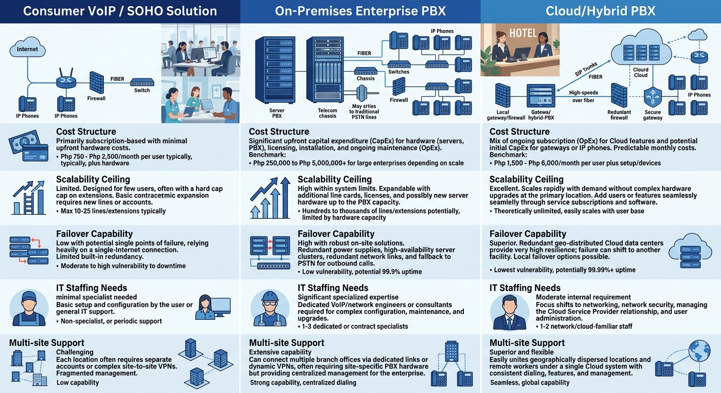 Infographic comparing three PBX deployment models side by side — consumer VoIP, on-premises enterprise PBX, and cloud/hybrid PBX — showing icons for cost structure, scalability ceiling, failover capab