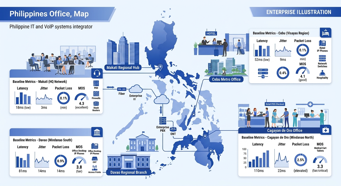 a Philippine map showing four enterprise office locations — Makati, Cebu, Davao, and Cagayan de Oro — each with a small dashboard card displaying different baseline metrics for latency, jitter, packet