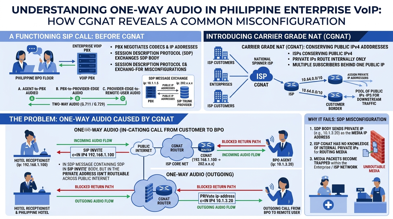 Infographic showing how CGNAT causes one-way audio in Philippine enterprise VoIP, depicting a SIP call where private IP addresses in SDP bodies fail to route across the public internet, with arrows sh