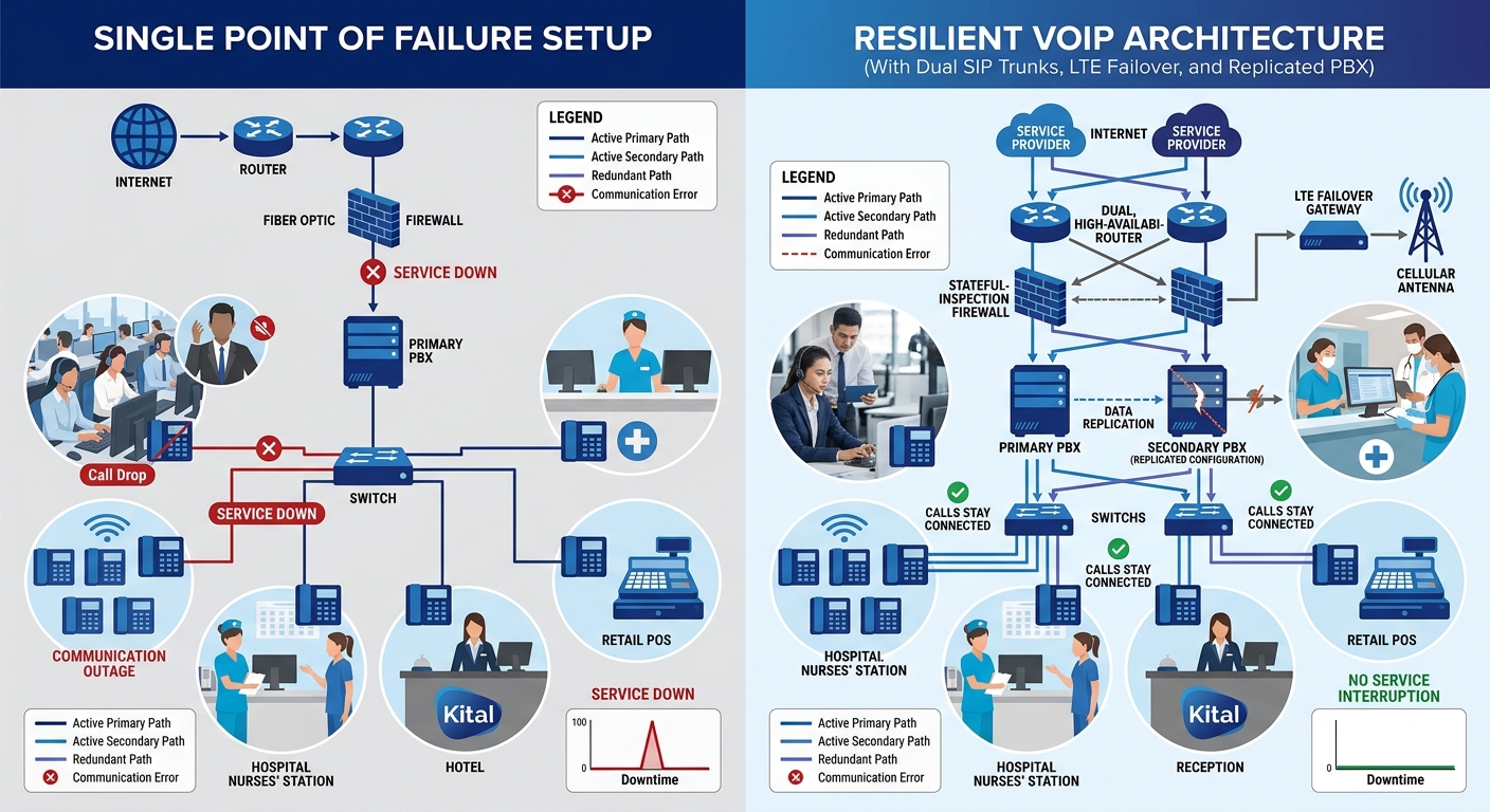 split comparison showing a single-point-of-failure VoIP setup versus a resilient setup with dual SIP trunks, LTE failover gateway, and replicated PBX configuration