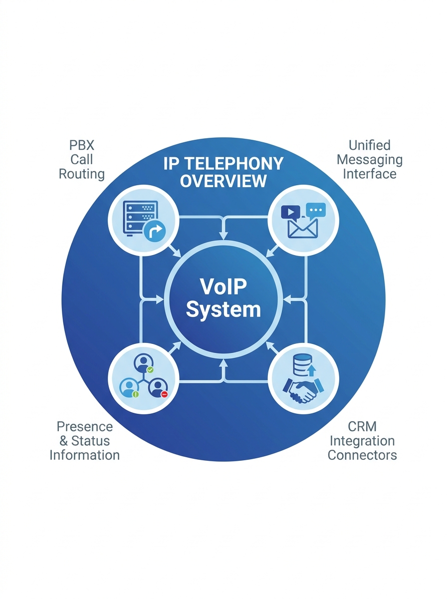 Diagram showing IP telephony as a large circle containing VoIP as a smaller circle inside it, with labels for other IP telephony components like PBX call routing, unified messaging, presence, and CRM 