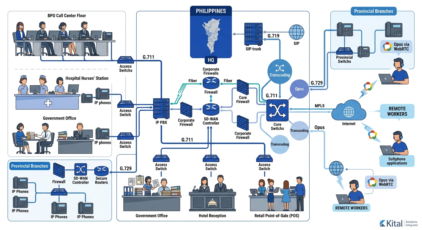 Network topology diagram showing a Philippine multi-site enterprise with Metro Manila headquarters on G.711, provincial branches on G.729, and remote workers on Opus via WebRTC, with transcoding point