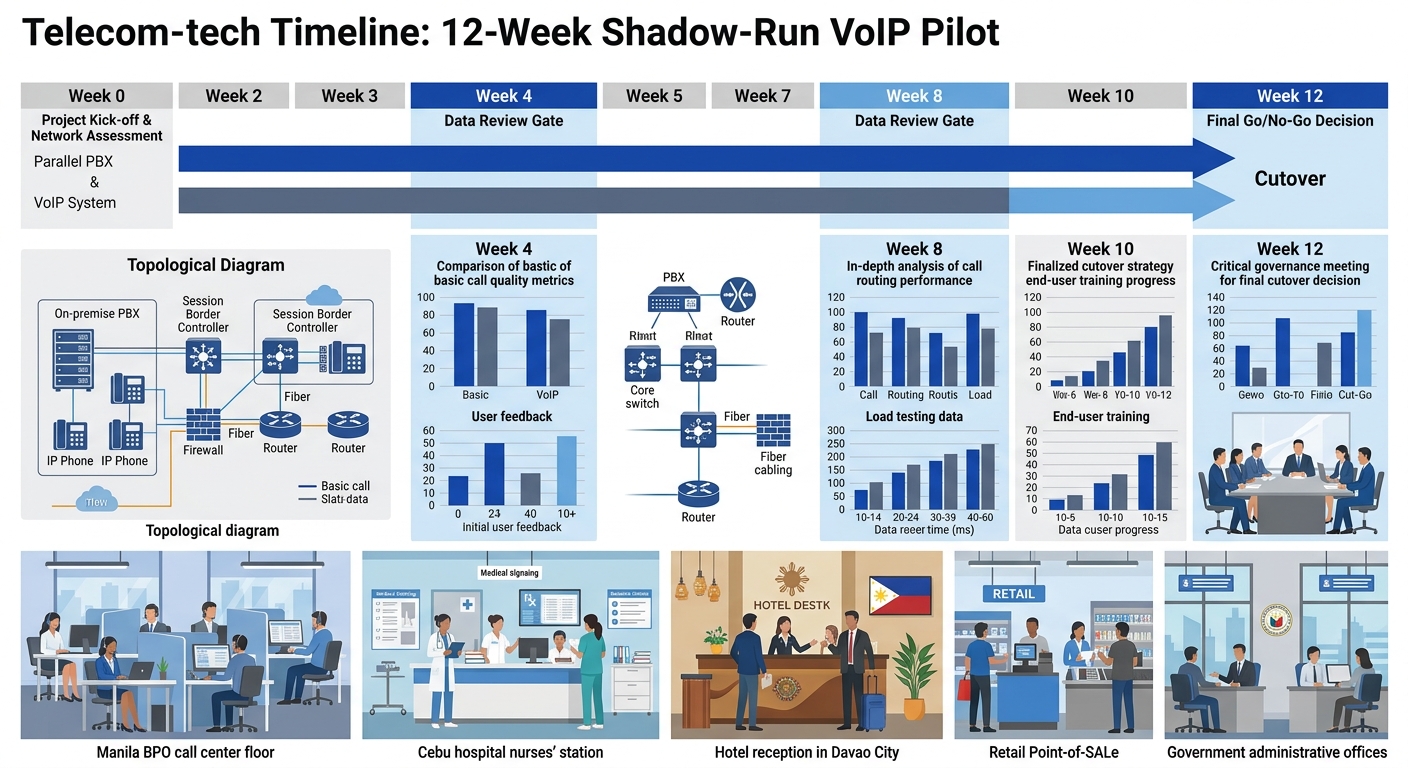 Timeline visualization of a 12-week shadow-run VoIP pilot showing parallel PBX and VoIP systems running simultaneously, with key milestones at weeks 4, 8, 10, and 12 including data review gates and cu