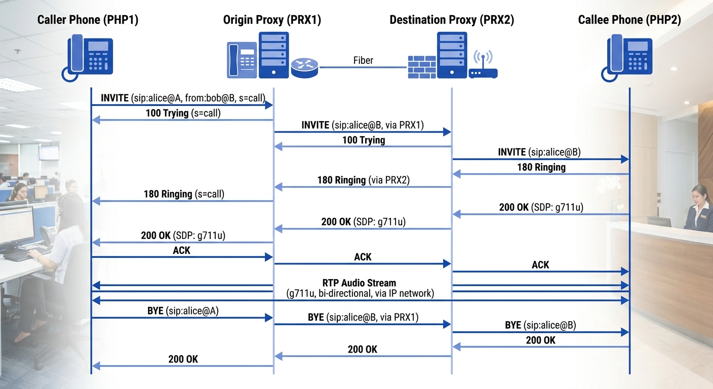 sequence diagram showing complete SIP call flow with INVITE, 100 Trying, 180 Ringing, 200 OK, ACK, RTP media stream, and BYE messages between two phones and two proxies