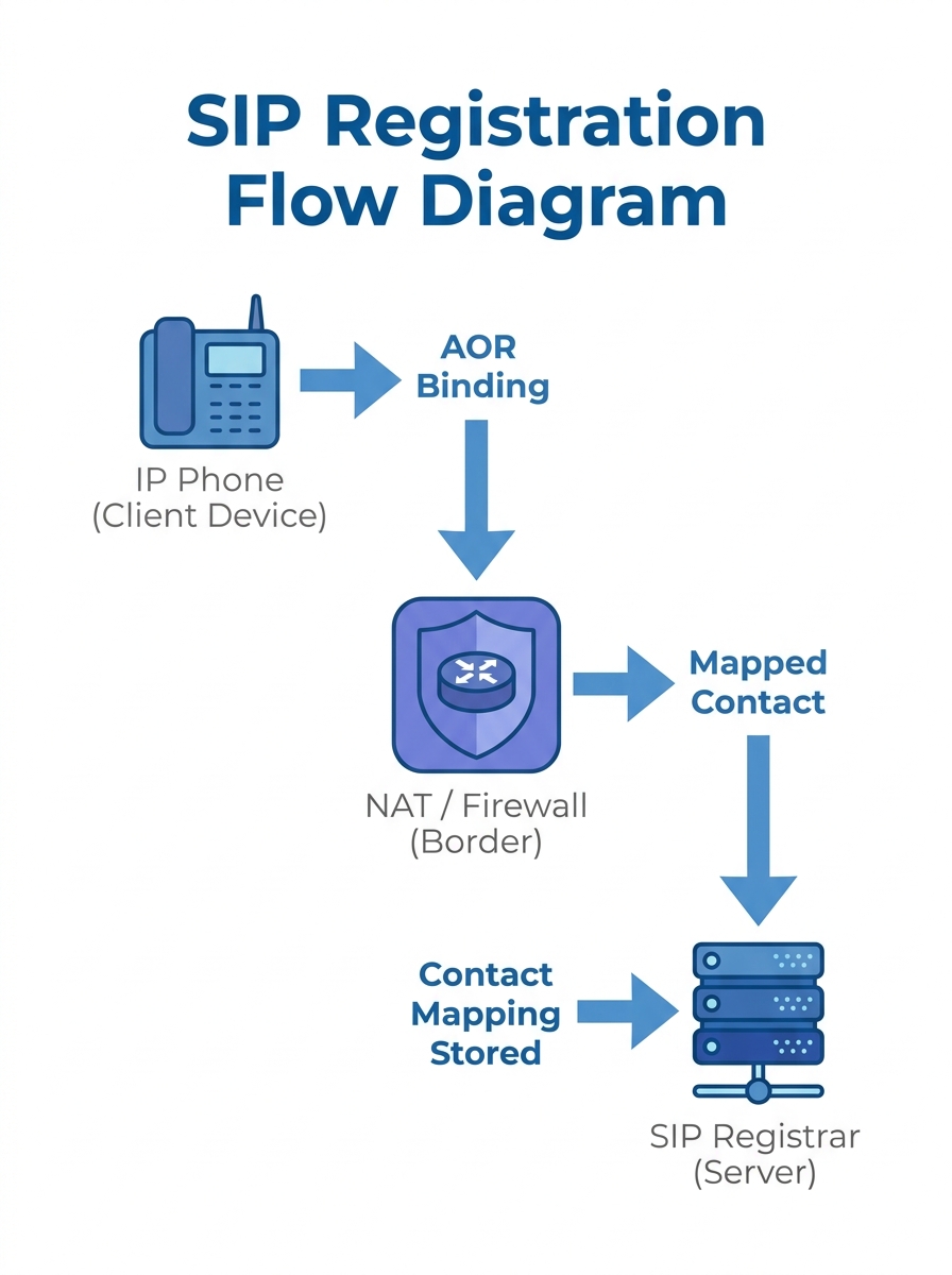 diagram showing SIP registration flow from IP phone through NAT/firewall to SIP registrar, with labeled AOR binding and Contact address mapping