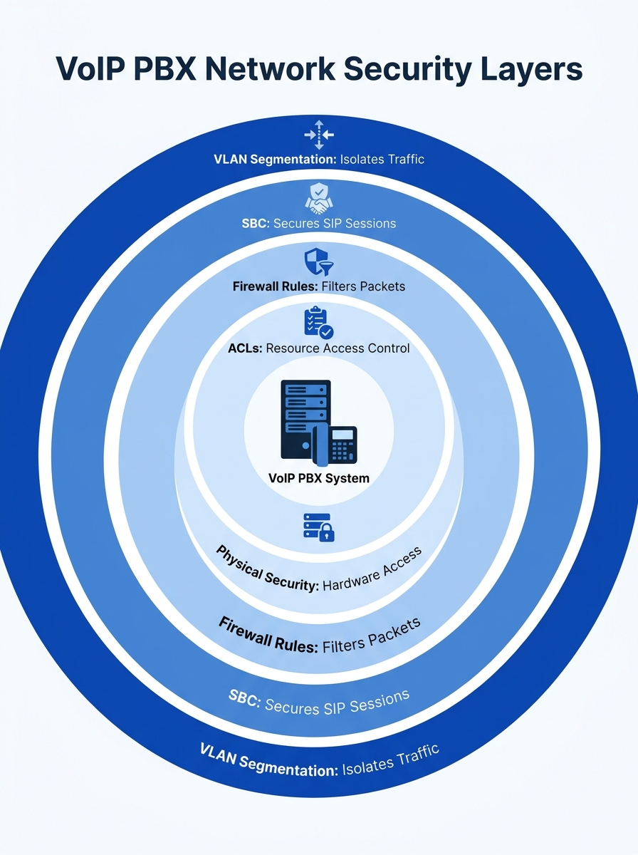 infographic showing the five network-layer controls as concentric security rings around a VoIP PBX, with VLAN segmentation as the outermost ring, then SBC, firewall rules, physical security, and ACLs