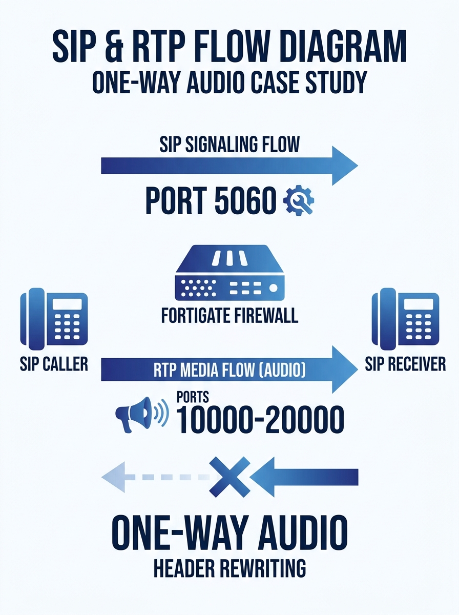 diagram showing SIP signaling flow on port 5060 and RTP media flow on ports 10000-20000, with a FortiGate firewall in between intercepting and rewriting packet headers, causing one-way audio