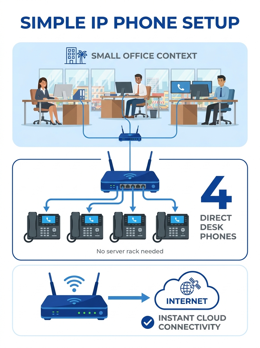 A small Philippine office with a few desk phones connected to a consumer VoIP router, showing a simple plug-and-play setup with no server rack or network equipment