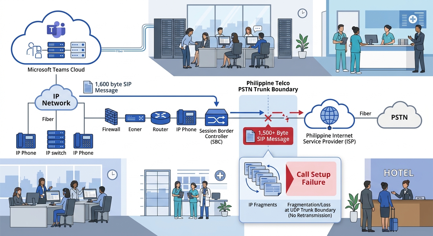 diagram showing a SIP message flow between Microsoft Teams cloud, an SBC, and a Philippine telco PSTN trunk, highlighting where a 1,500+ byte SIP message gets fragmented or dropped at the UDP trunk bo