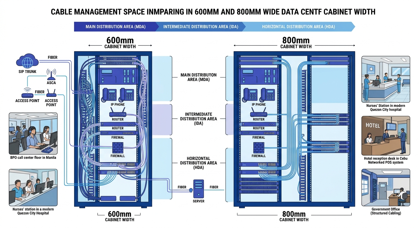Diagram comparing 600mm and 800mm data center cabinet widths side by side, showing cable management space differences, with labels for MDA, IDA, and HDA distribution areas
