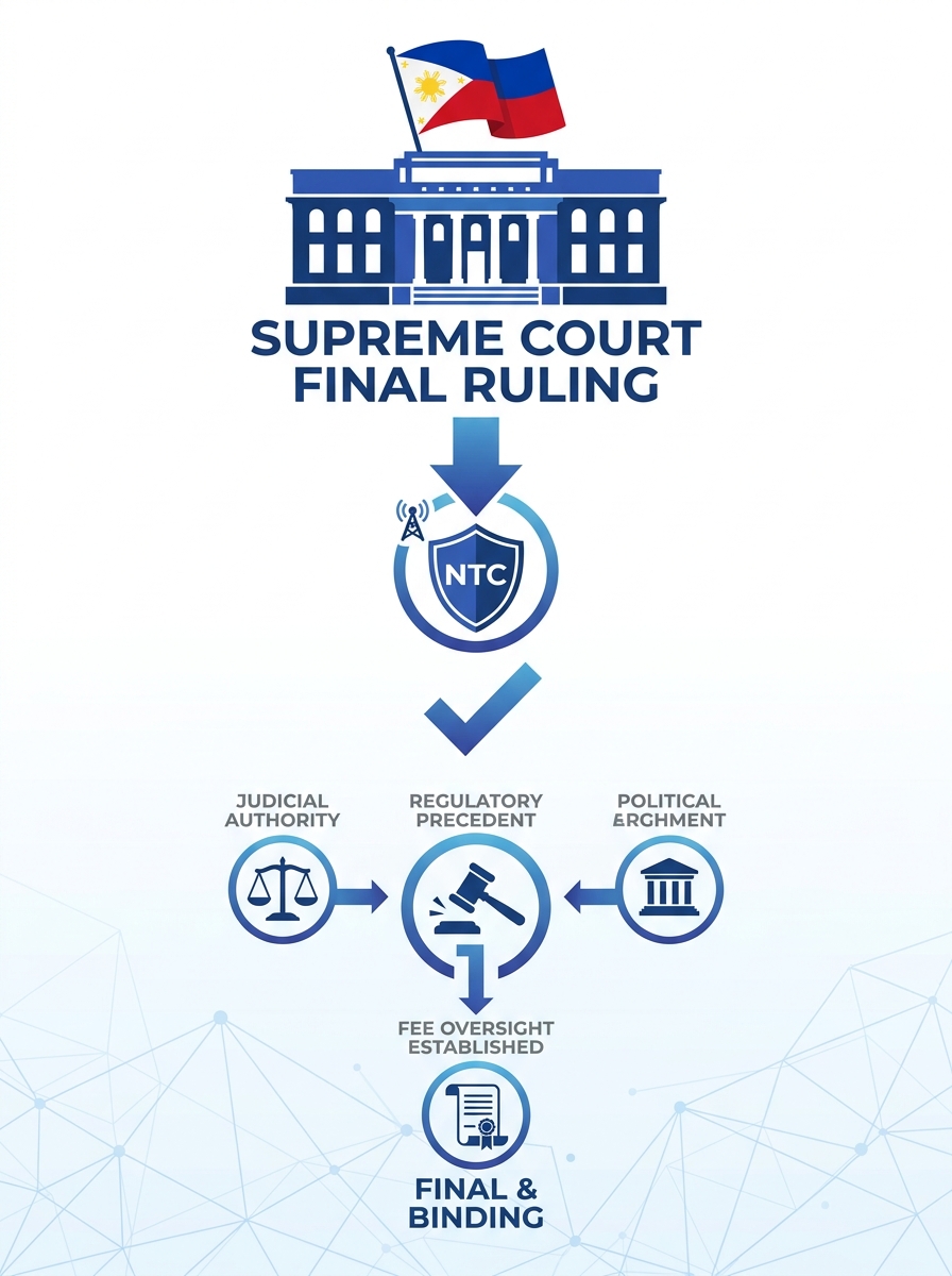 Supreme Court building facade with Philippine flag, symbolizing the final judicial ruling on NTC regulatory authority over telecom fee collection
