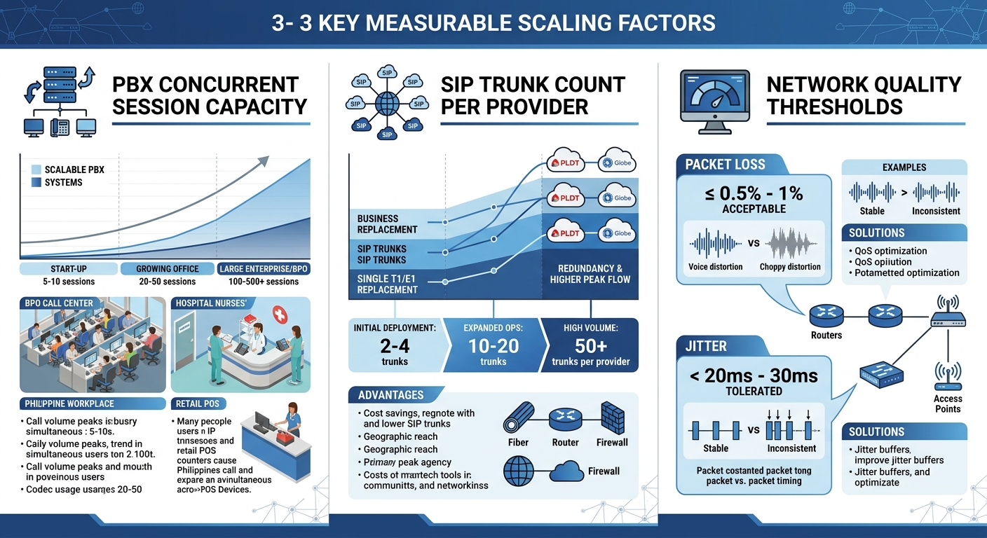 Infographic showing the three measurable scaling factors for Philippine enterprise telephony: PBX concurrent session capacity with example numbers, SIP trunk count per provider, and network quality th