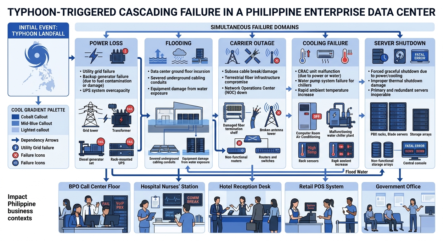 a cascading failure diagram showing how typhoon landfall triggers simultaneous power loss, flooding, carrier outage, cooling failure, and server shutdown in a Philippine enterprise data center, with a