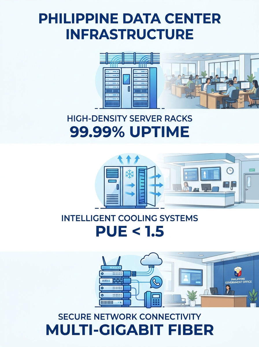Modern data center server racks with overhead cable management and cooling infrastructure in a Philippine facility