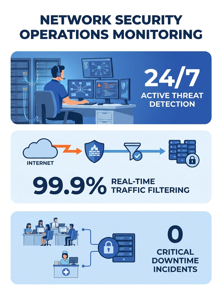 Telecommunications engineer monitoring network security systems in a Philippine data center operations room