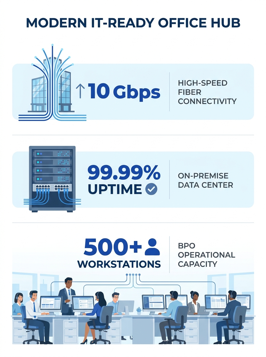 Modern IT-ready office building with visible data center infrastructure and fiber cabling systems in Metro Manila business district