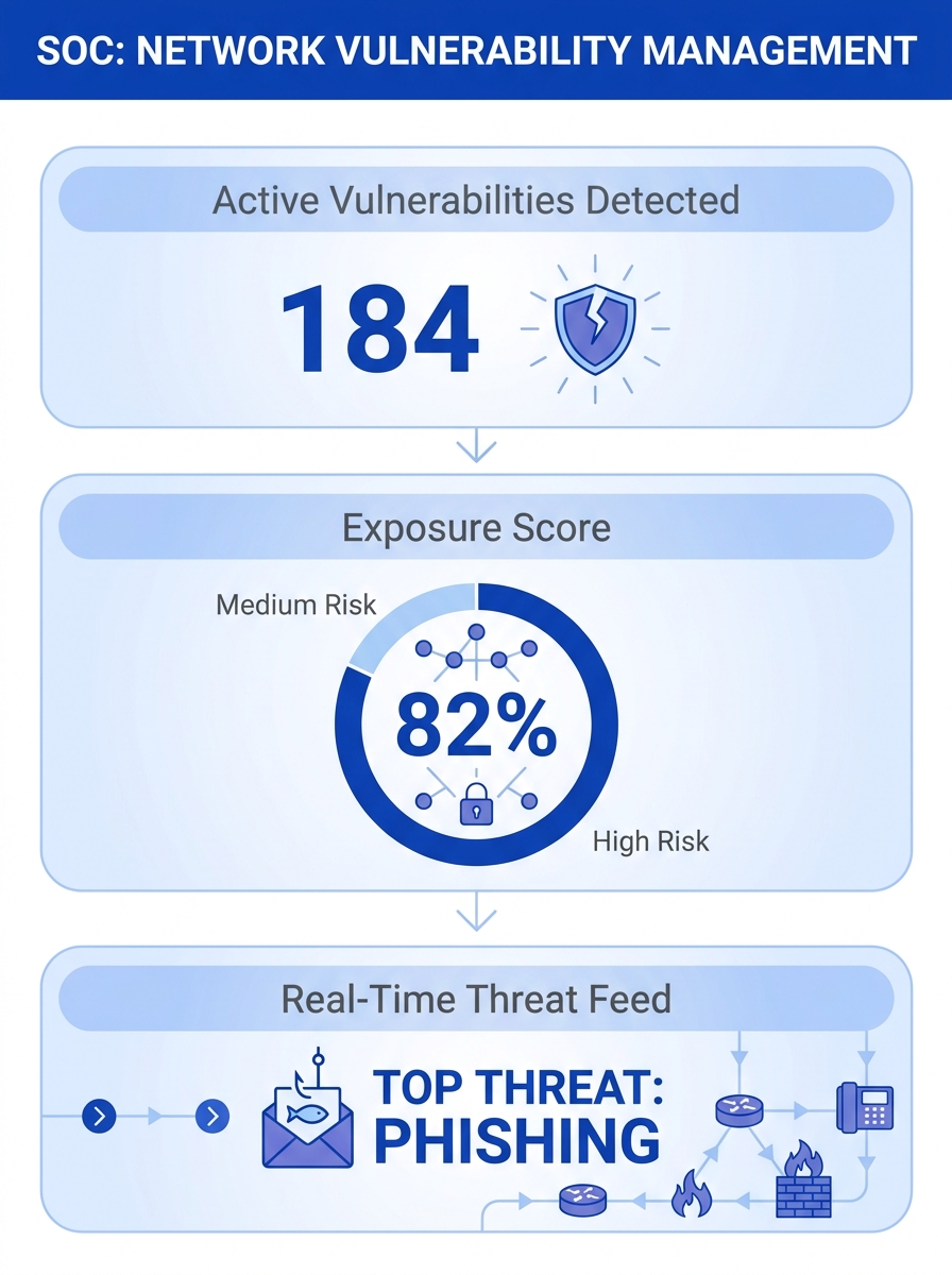 Security operations center monitoring network vulnerabilities and exposure management dashboard with real-time threat intelligence