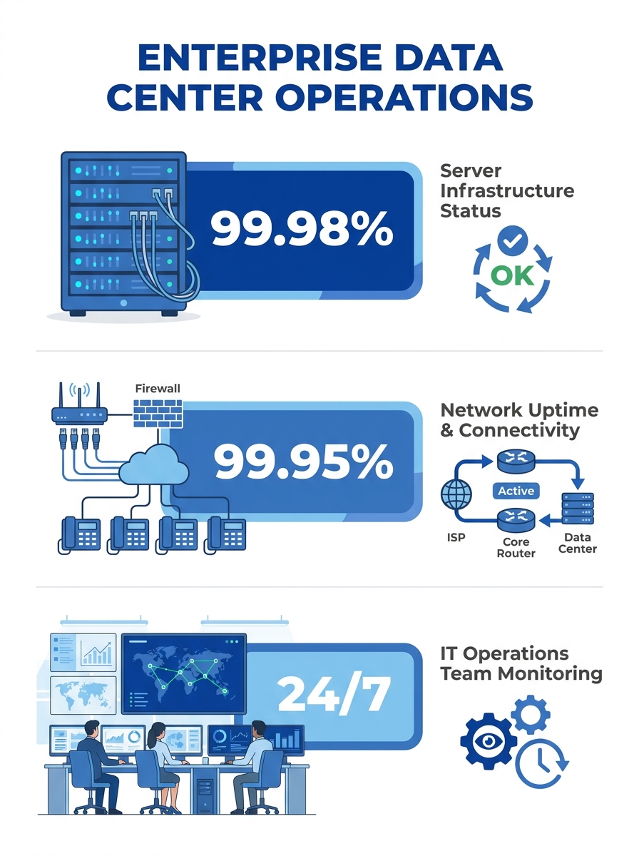 IT operations team monitoring server infrastructure and network uptime dashboards in a Philippine enterprise data center