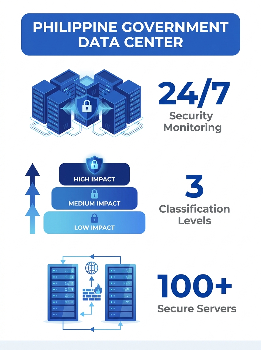 Philippine government data center servers with security monitoring displays showing classification tiers