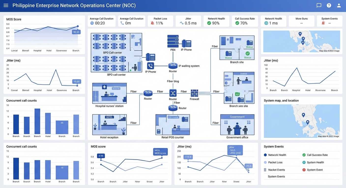 a Philippine enterprise network operations center with screens showing real-time VoIP call quality dashboards displaying MOS scores, jitter measurements, and concurrent call counts across multiple bra