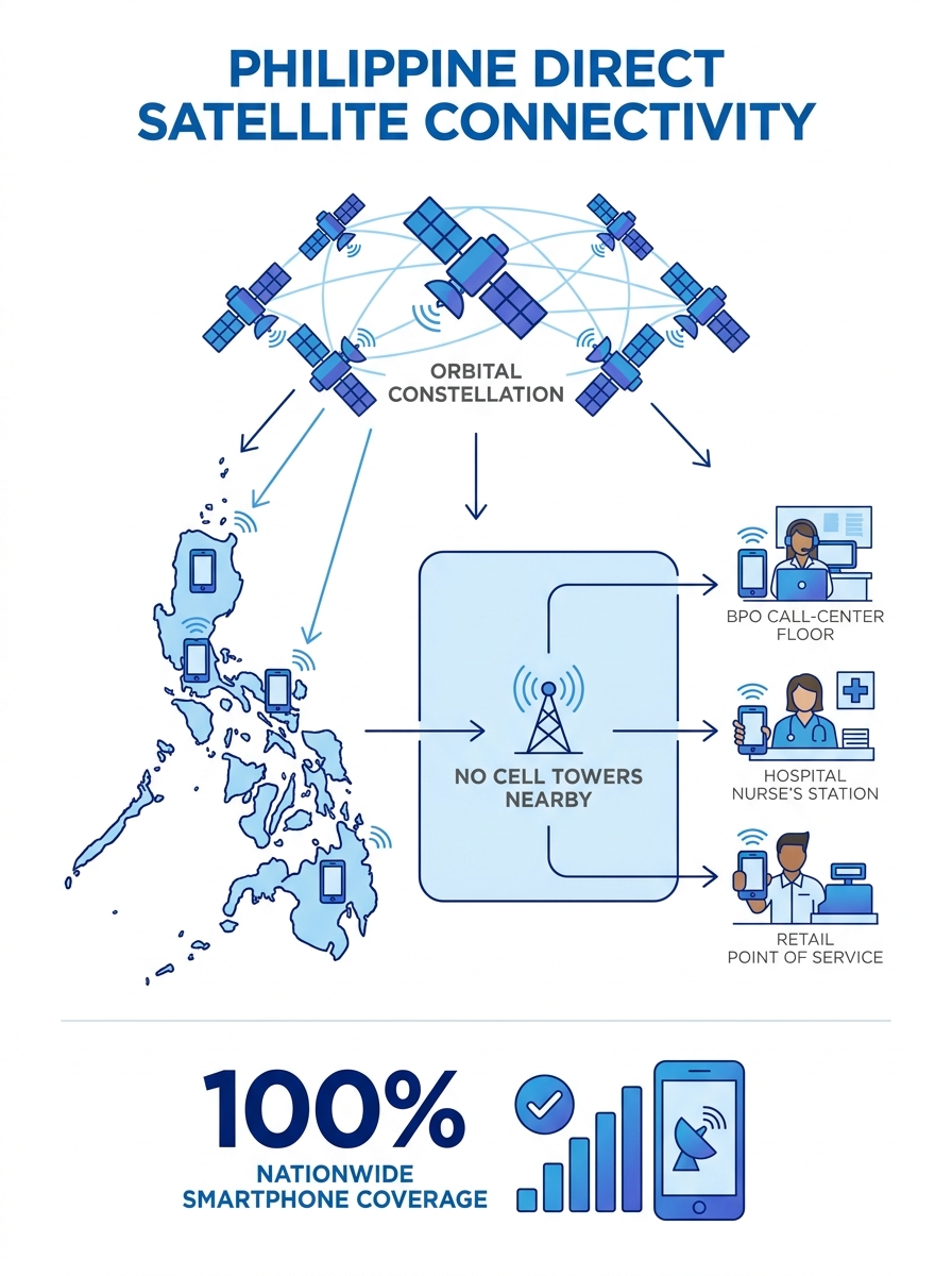 Starlink satellite constellation providing direct connectivity to smartphones across Philippine archipelago without cell towers