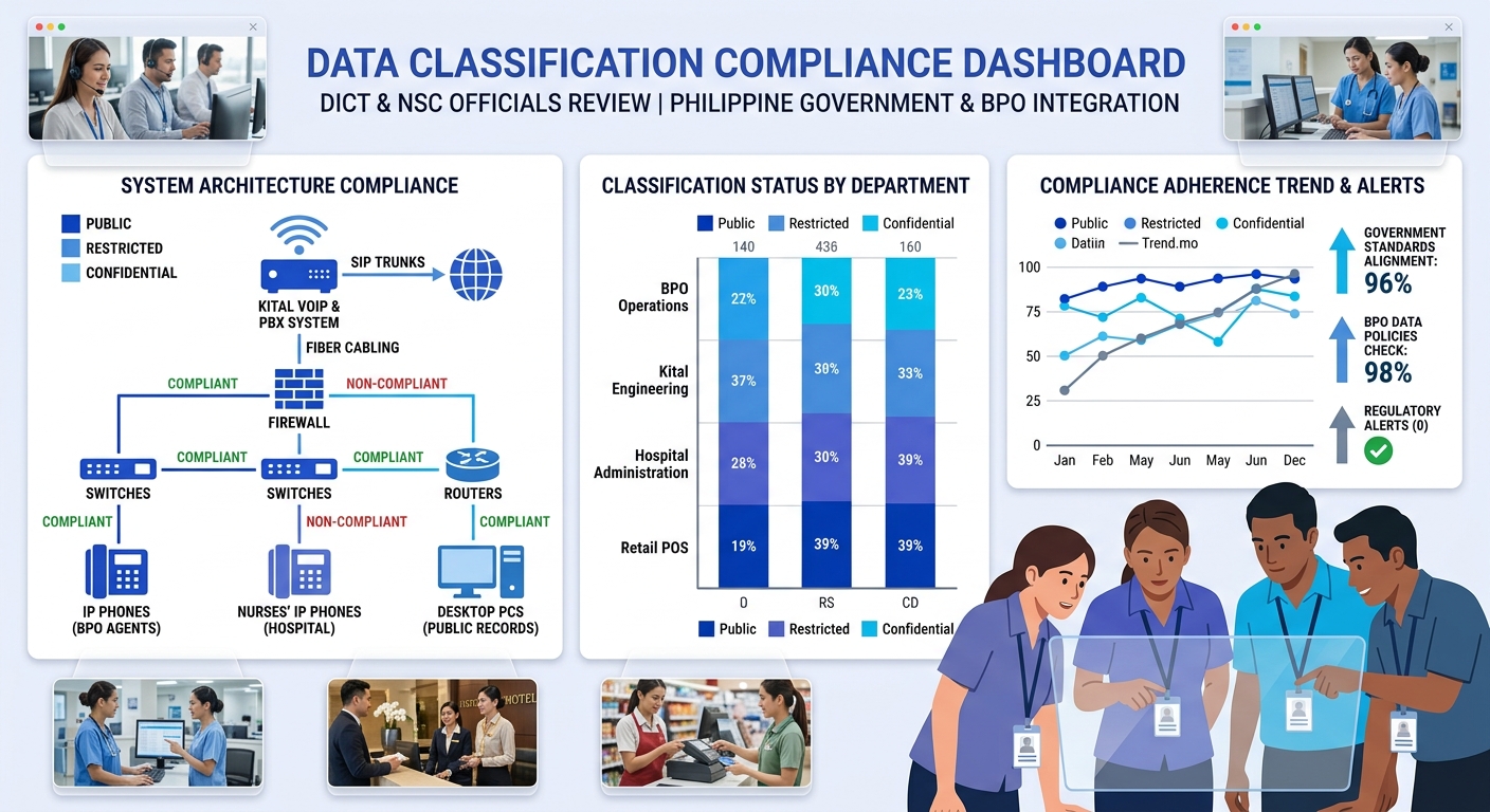 DICT and National Security Council officials reviewing data classification compliance dashboard