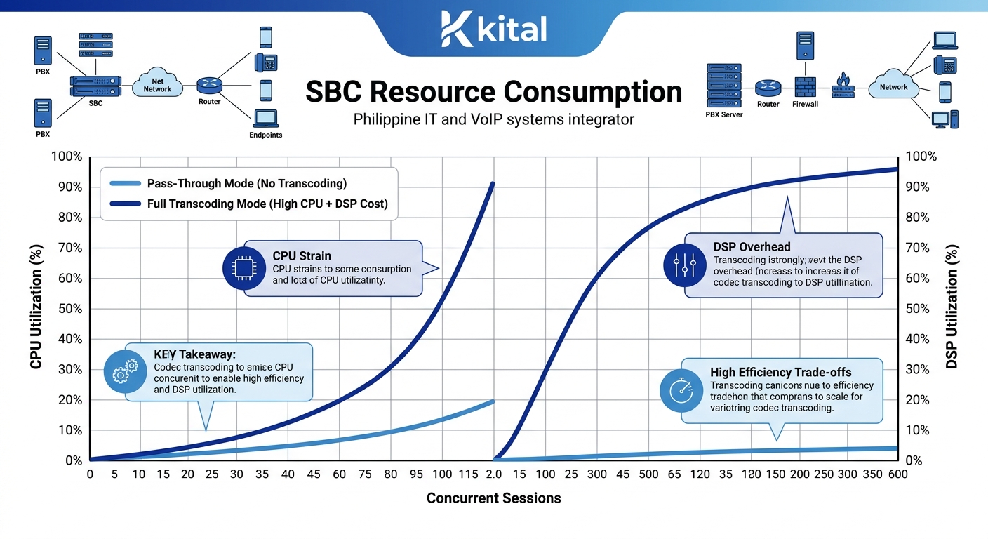 Comparison chart showing SBC resource consumption — concurrent sessions on the x-axis, CPU and DSP utilization on the y-axis — with separate curves for pass-through mode versus full transcoding mode,