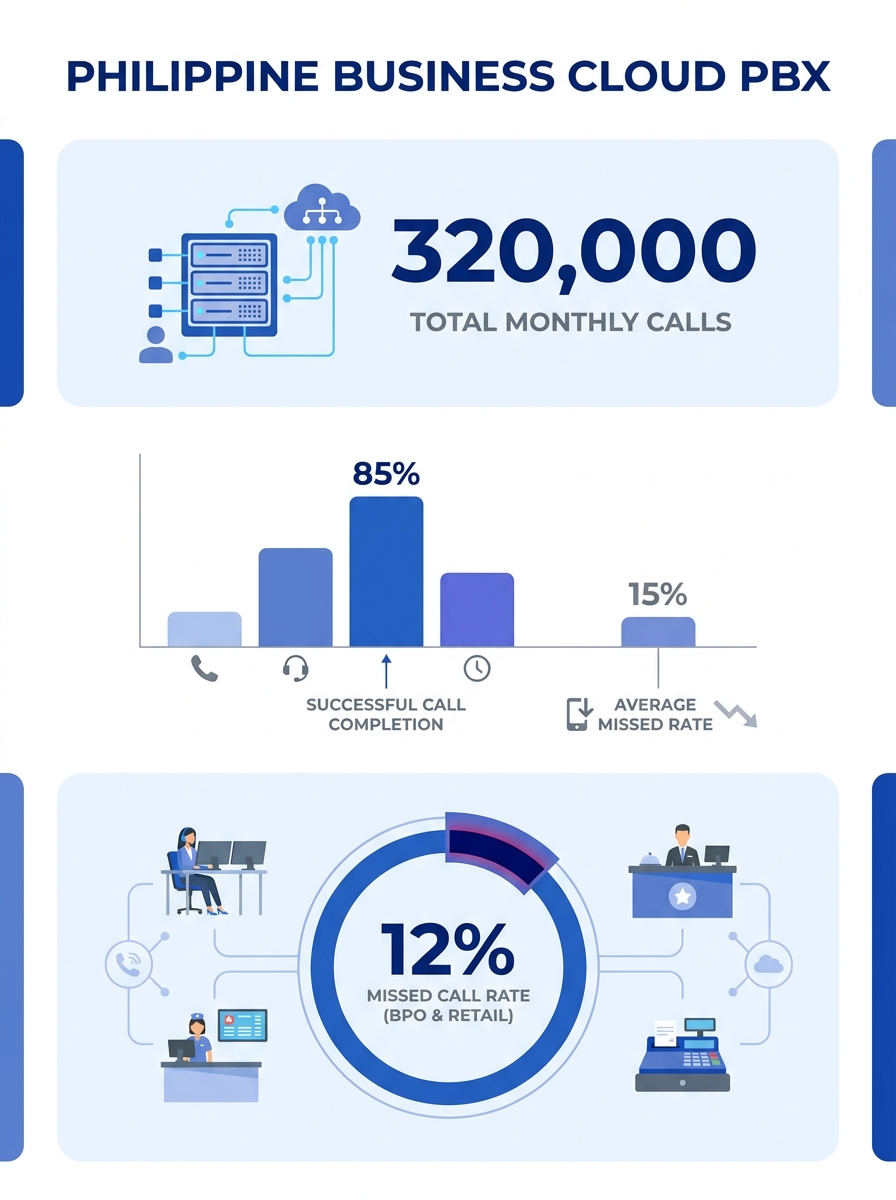 Cloud PBX dashboard showing call analytics and missed call rates for Philippine business telephone systems
