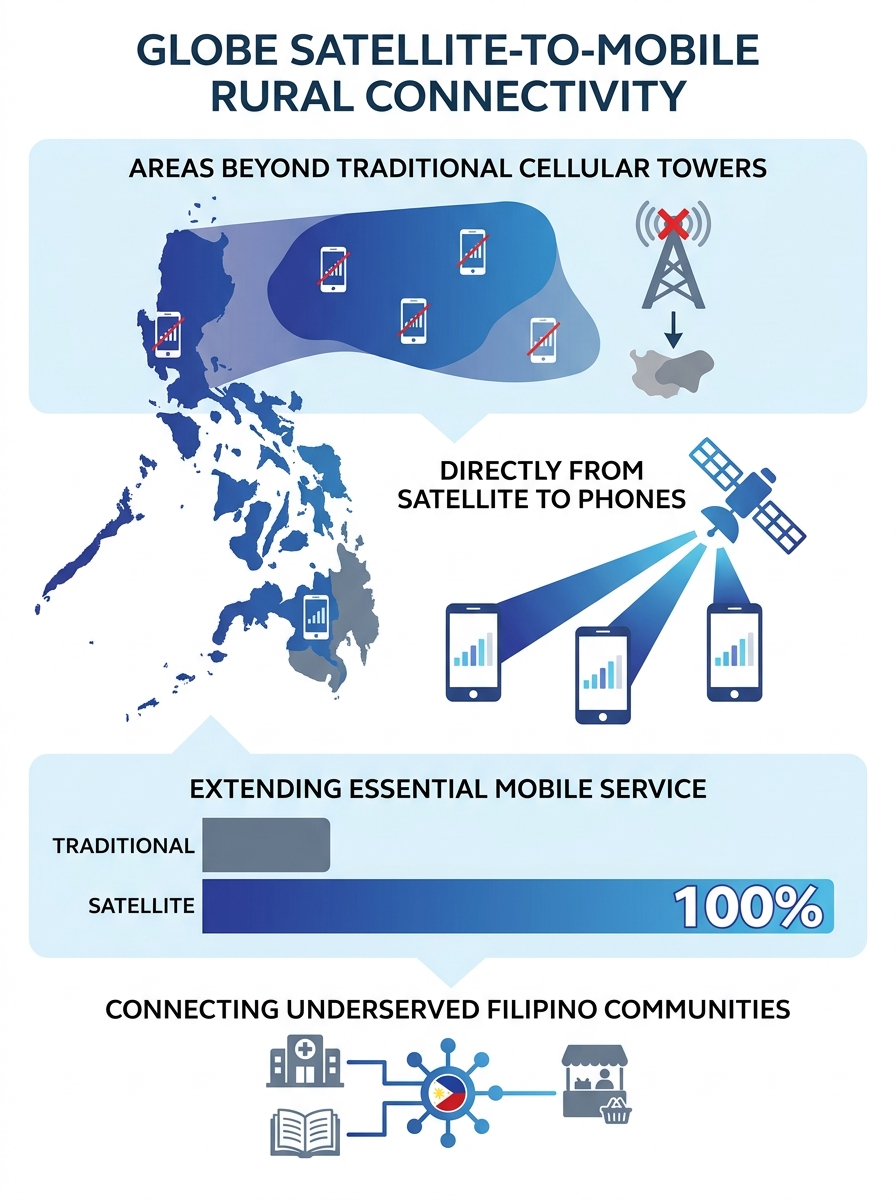 Globe Telecom satellite-to-mobile service coverage map showing areas beyond traditional cellular tower reach in rural Philippines
