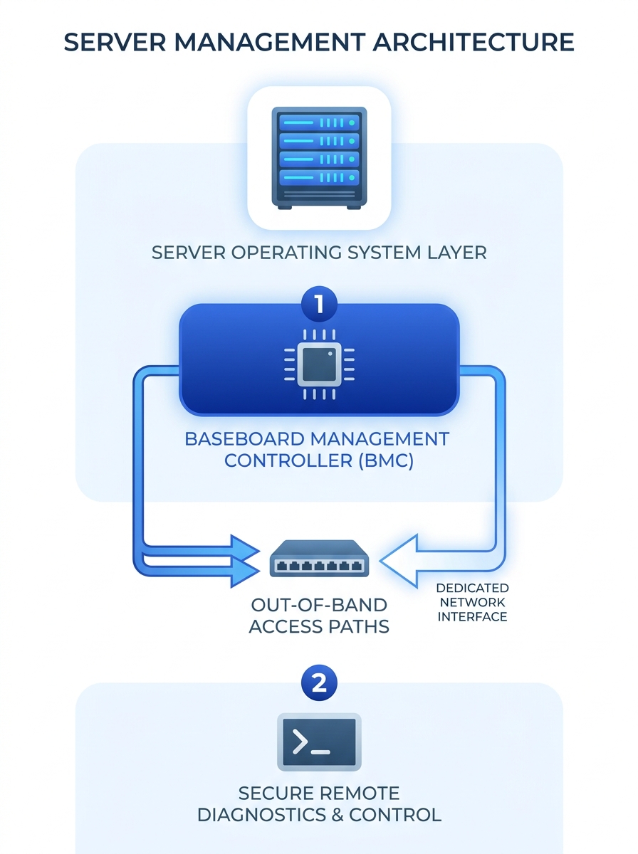 Diagram showing baseboard management controller positioned beneath server operating system layer with out-of-band management access paths