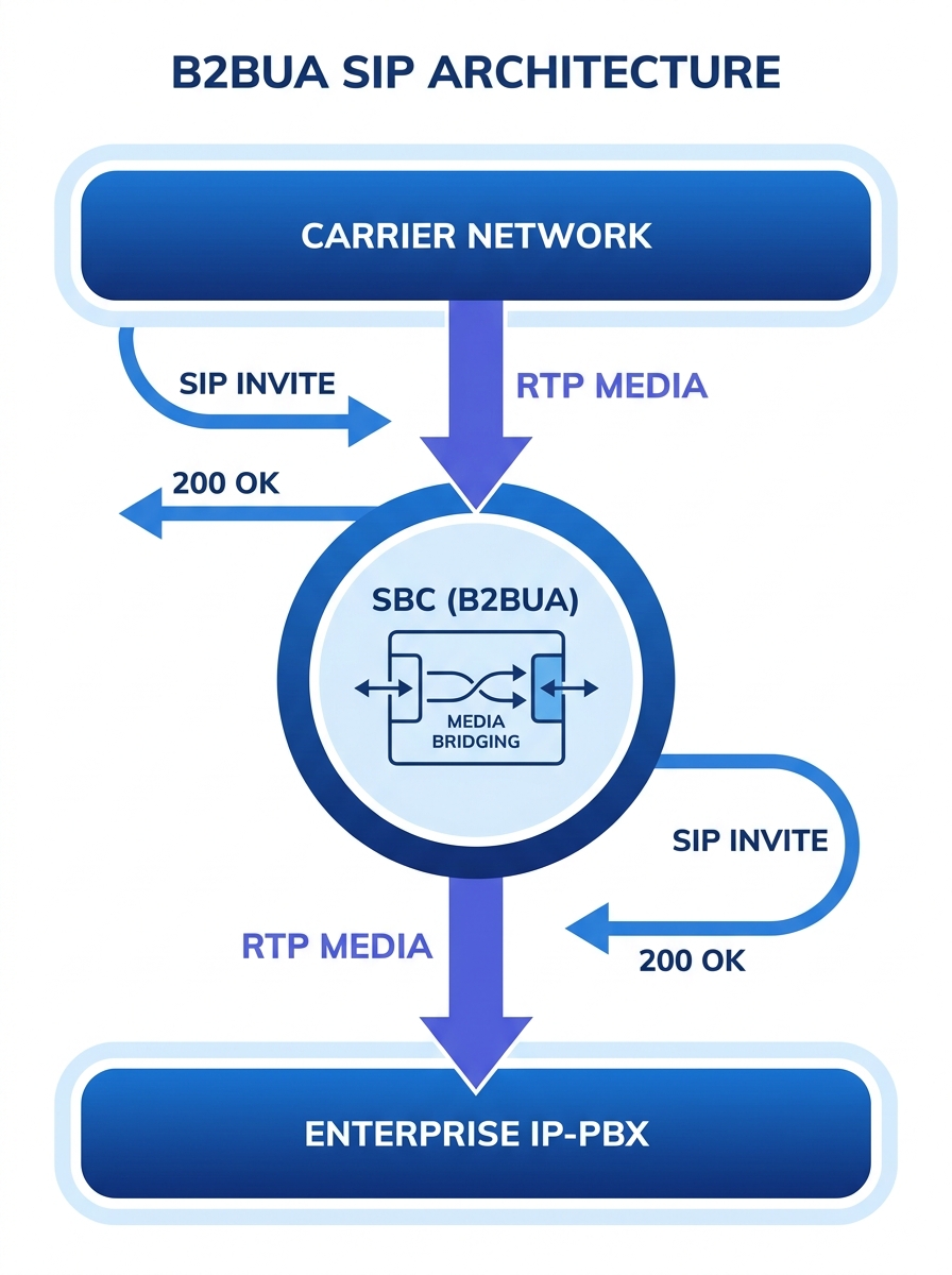 Infographic showing B2BUA architecture with two independent SIP sessions — one between carrier and SBC external interface, one between SBC internal interface and enterprise PBX — with RTP media bridge