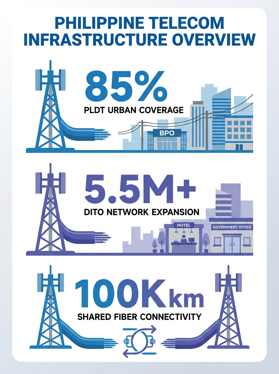 PLDT and DITO telecommunications infrastructure towers with fiber optic cables in Philippine urban setting