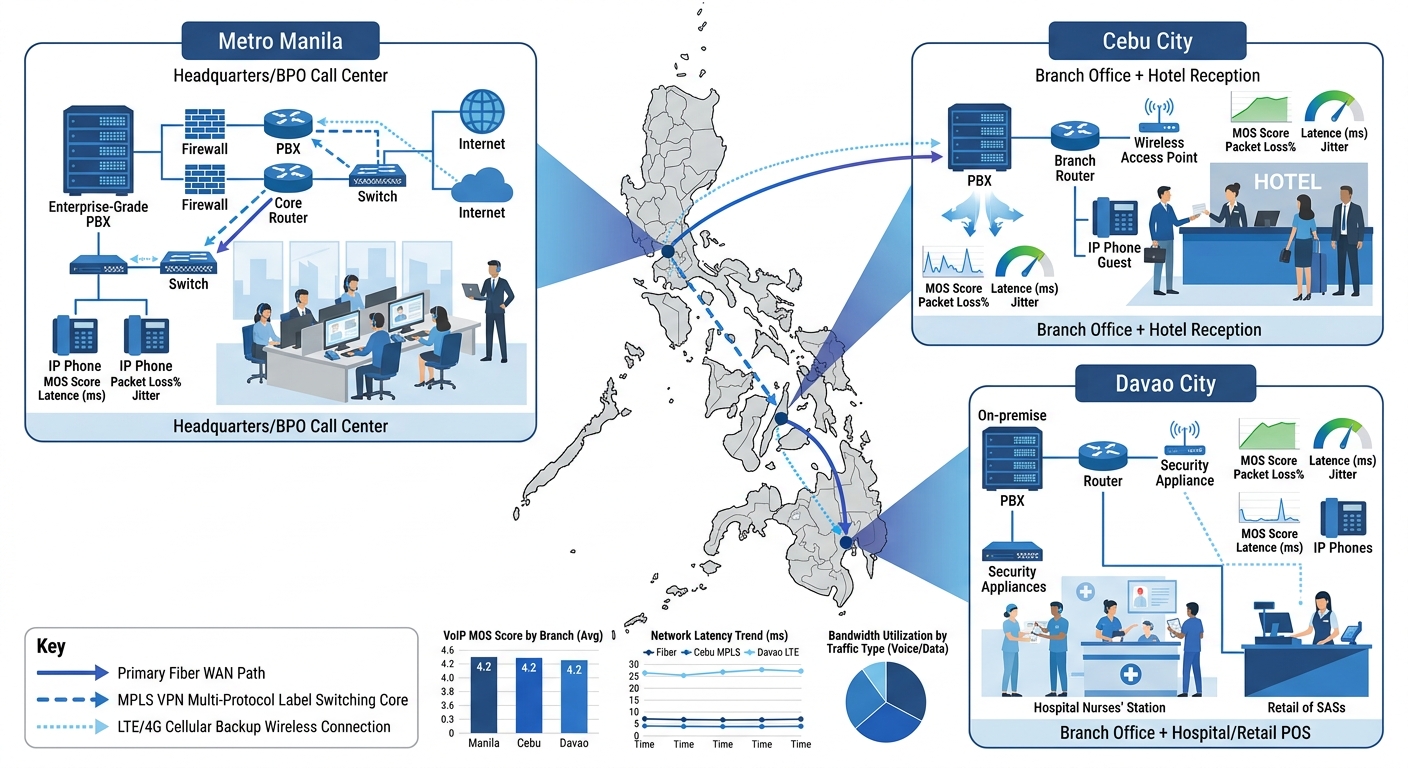 a map of the Philippines showing enterprise branch locations in Metro Manila, Cebu, and Davao connected by different types of WAN links—fiber, MPLS, and LTE backup—with VoIP quality indicators at each