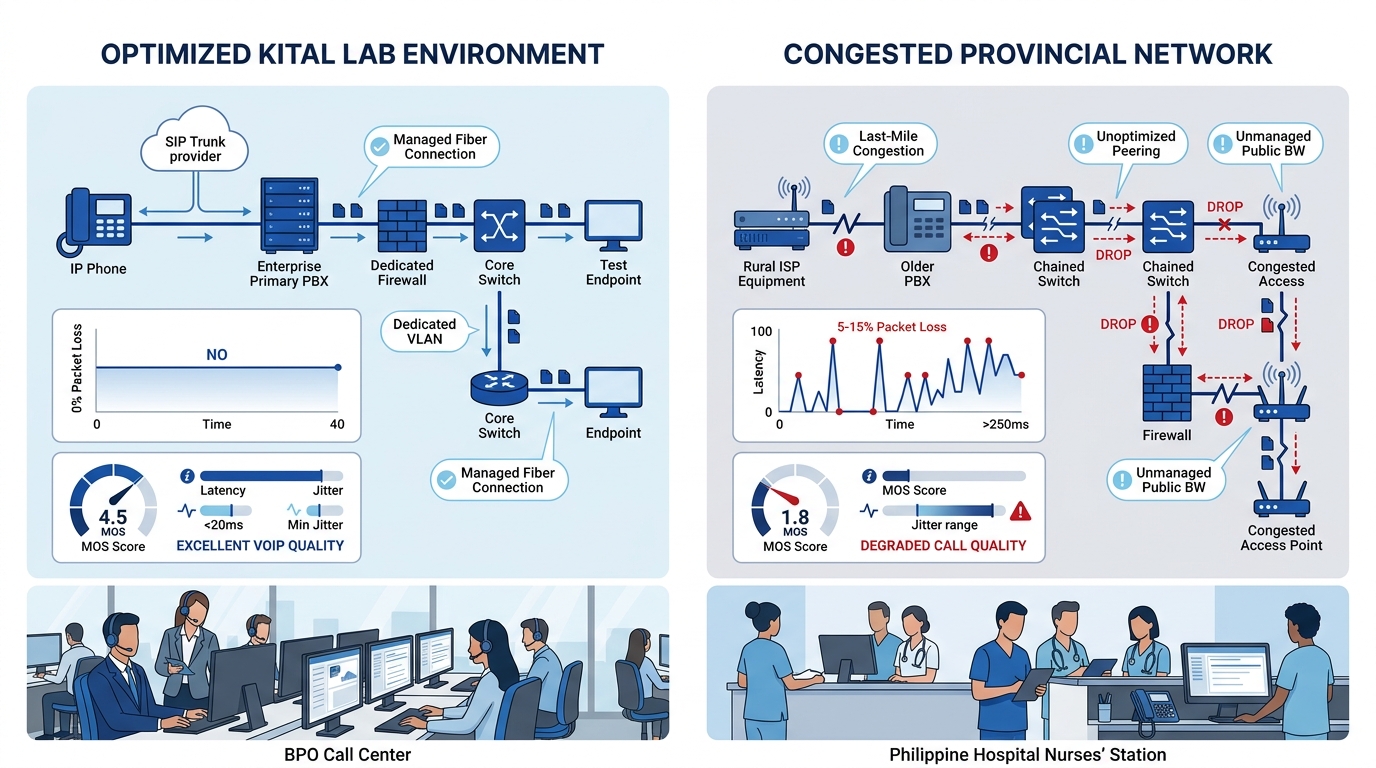 Illustration showing two side-by-side network path diagrams - one representing a clean lab environment with zero packet loss showing high MOS scores, and another representing a congested Philippine pr