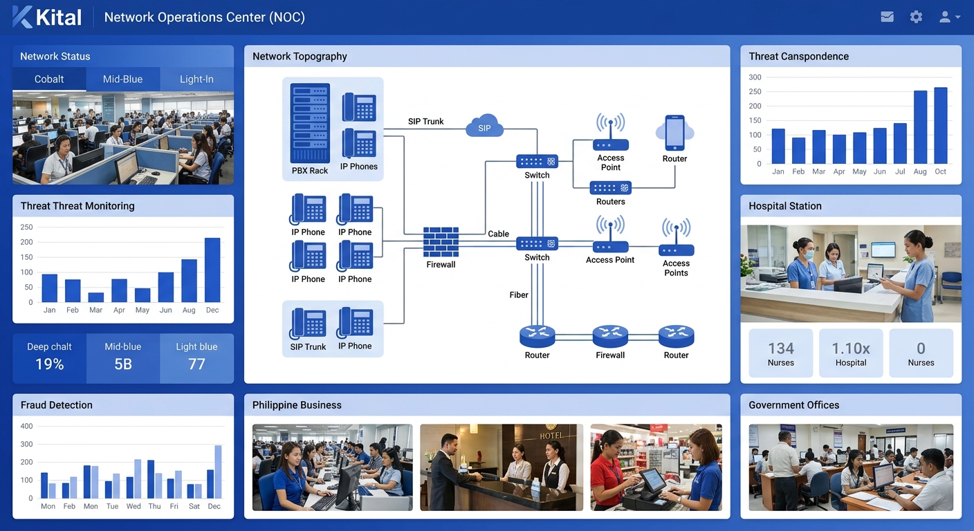 Network operations center displays showing real-time threat monitoring and fraud detection dashboards