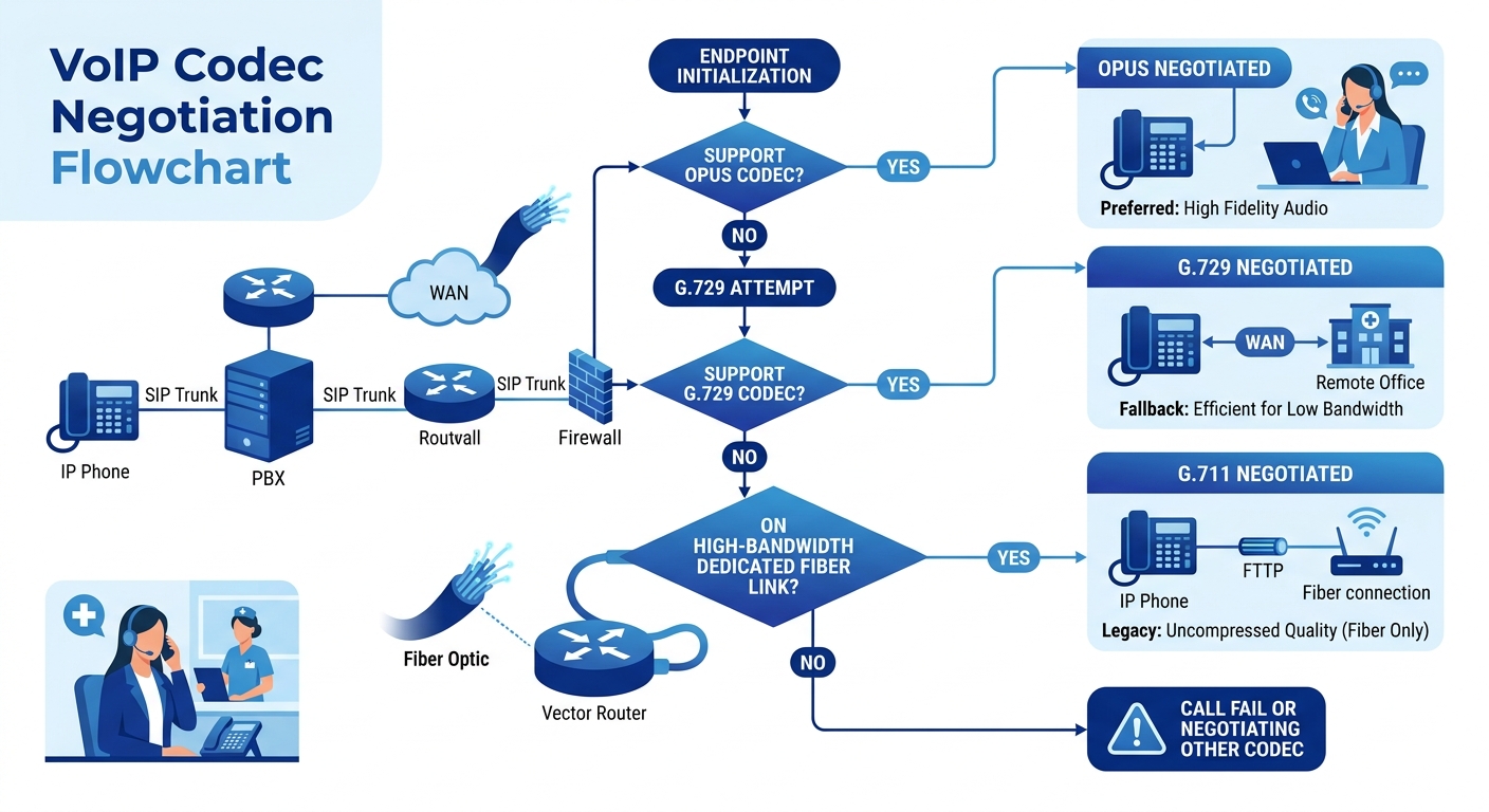 Diagram showing a VoIP codec negotiation flowchart where an endpoint first attempts Opus, falls back to G.729 if Opus is not supported, and only uses G.711 on high-bandwidth dedicated fiber links, wit