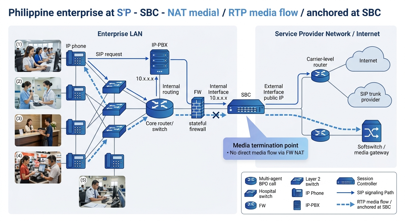 Network diagram showing a Philippine enterprise setup with IP-PBX on the LAN side, SBC with dual interfaces (internal private IP and external public IP), firewall, and carrier SIP trunk — with arrows