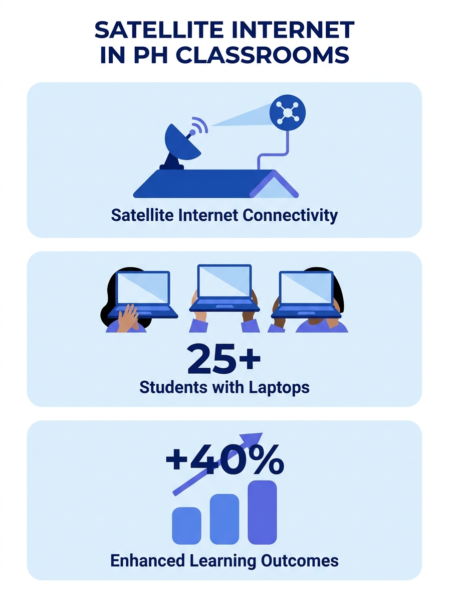 Students using laptops in a Philippine public school classroom with satellite internet connectivity equipment visible