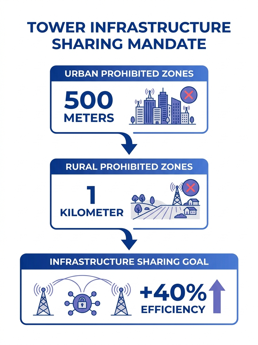 Telecommunications tower infrastructure sharing mandate visualization showing prohibited construction zones in urban and rural settings