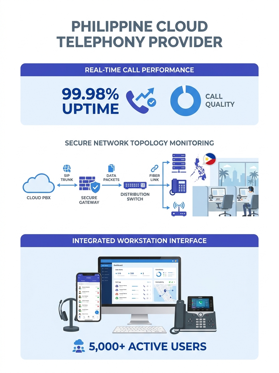 Cloud telephony provider workstation showing VoIP dashboard and network monitoring tools in Philippine office environment