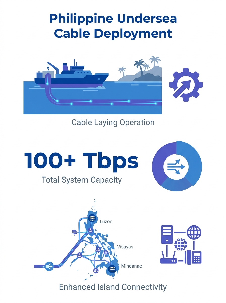 Undersea fiber optic cables being deployed from a cable-laying vessel in Philippine waters, with islands visible in the background