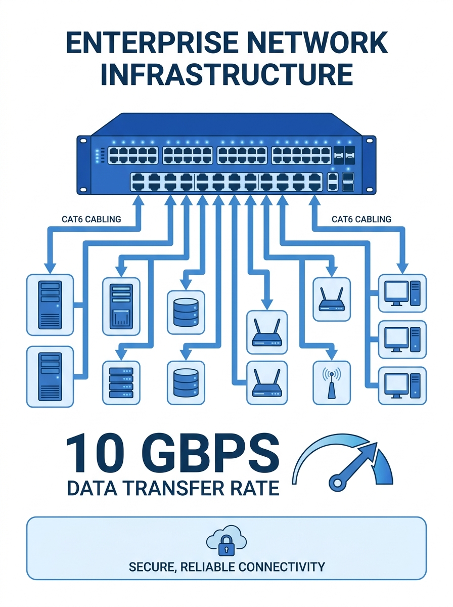 Network switch with multiple Gigabit Ethernet ports connected via Category 6 cabling in an enterprise server room