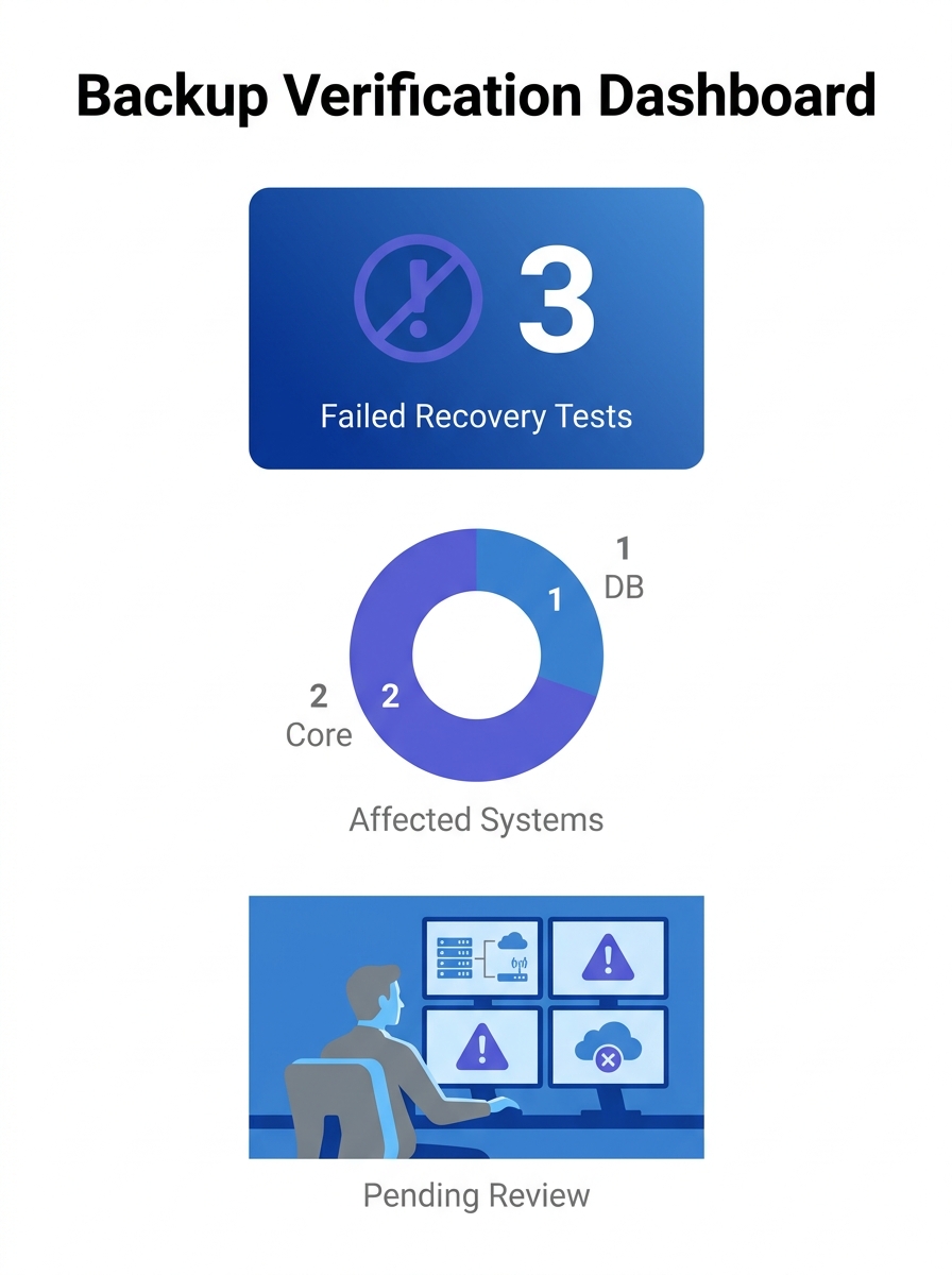 IT administrator reviewing backup verification dashboard with failed recovery test alerts on multiple screens