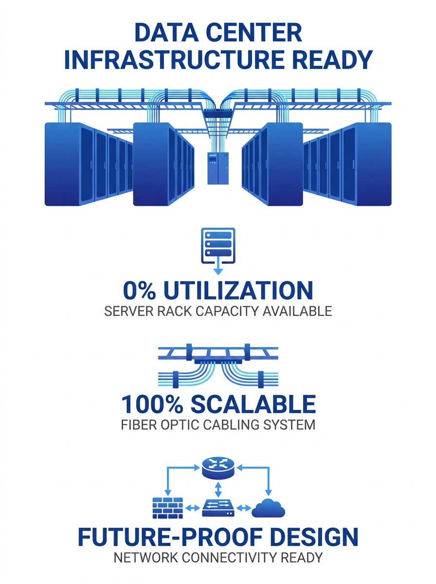 Empty server racks in a modern data center facility with cable management systems visible overhead
